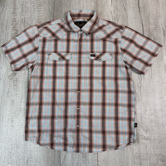 Howler Men's Button-Up Plaid Brown/Blue Snap Button Size M Short Sleeve Casual - Picture 1 of 5
